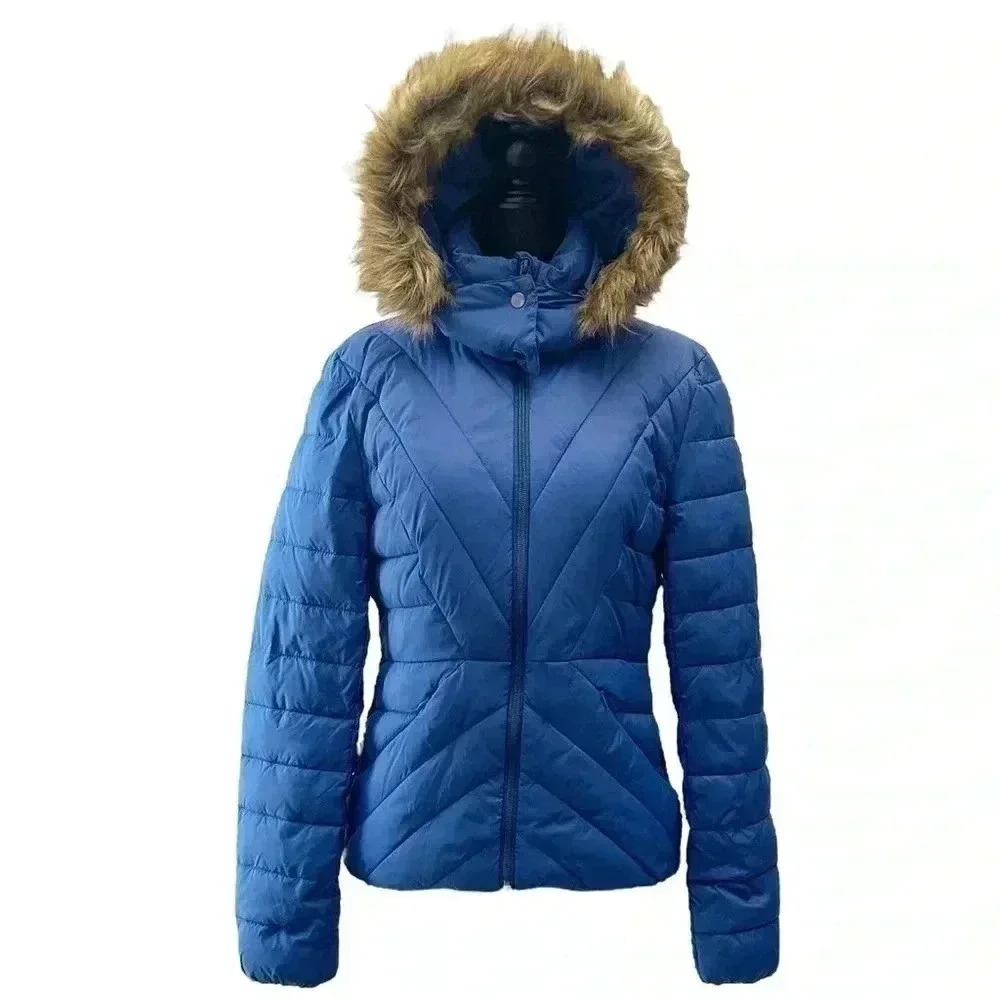 Joe Fresh Puffer Jacket Faux Fur Trimmed Hood Quilted Winter Coat Blue Small